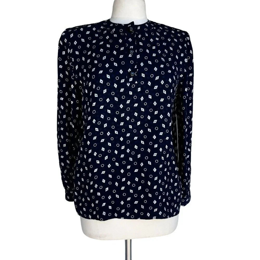 VALENTINO Women’s Size 8 Black Printed Silk Crewneck Vintage Blouse ITALY